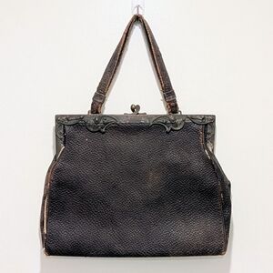 Antique Victorian 1870s Leather Handbag with German Silver Lock Clasp